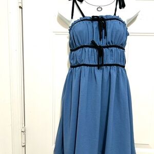 3 Blue Dress with Black Accents Gathered Top Spaghetti Adjustable Strap